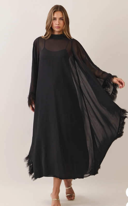 Feather Trim Cape Maxi Dress