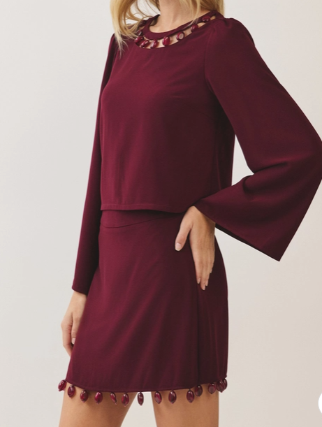 Beaded Embellishment Neck Bell Sleeve Top paired with Beaded Hem A-Line Mini Skirt