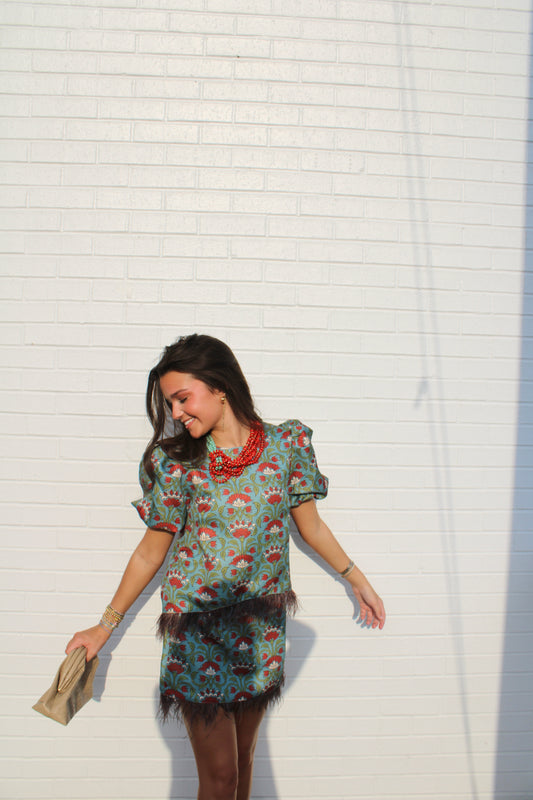 Floral Print Feather Trim Top with Matching Skirt