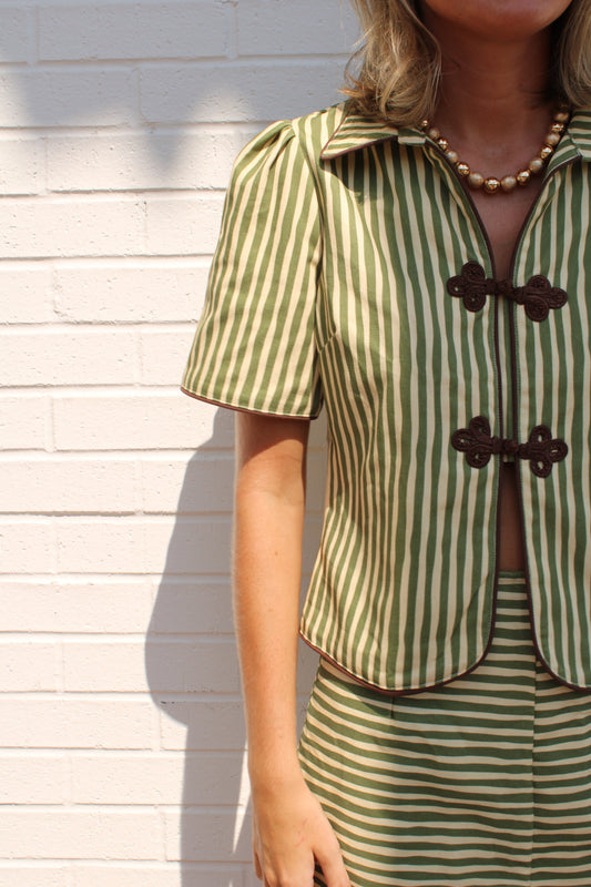 Striped Collared Top paired with Striped A-Line Mini Skirt