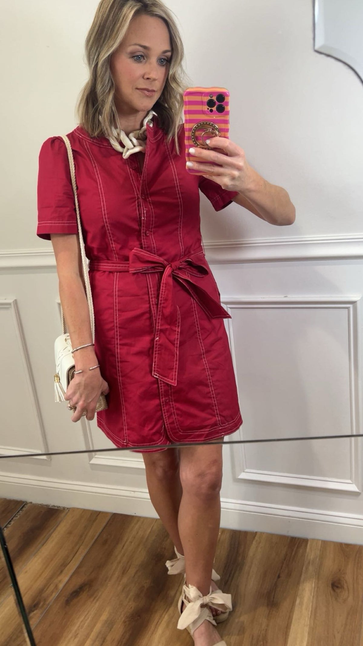 Contrast Stitch Belted Mini Shirt Dress