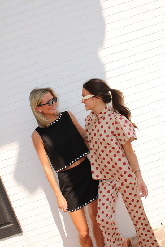 Polka Dot Ruffle Top paired with High Waist Polka Dot Stretch Flare Crop Pants
