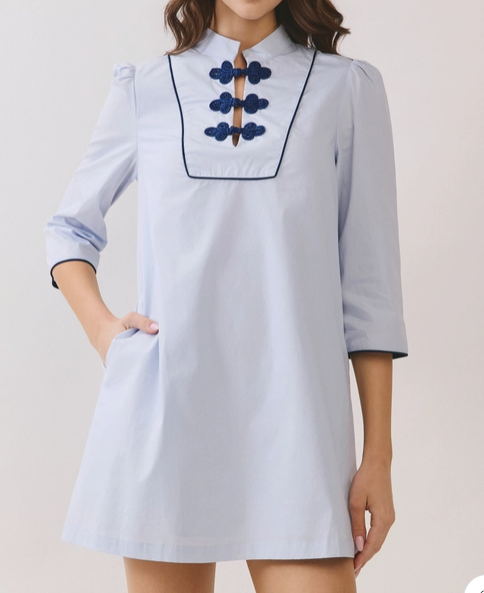 Mandarin Collar Contrast Frog Button Detail Dress