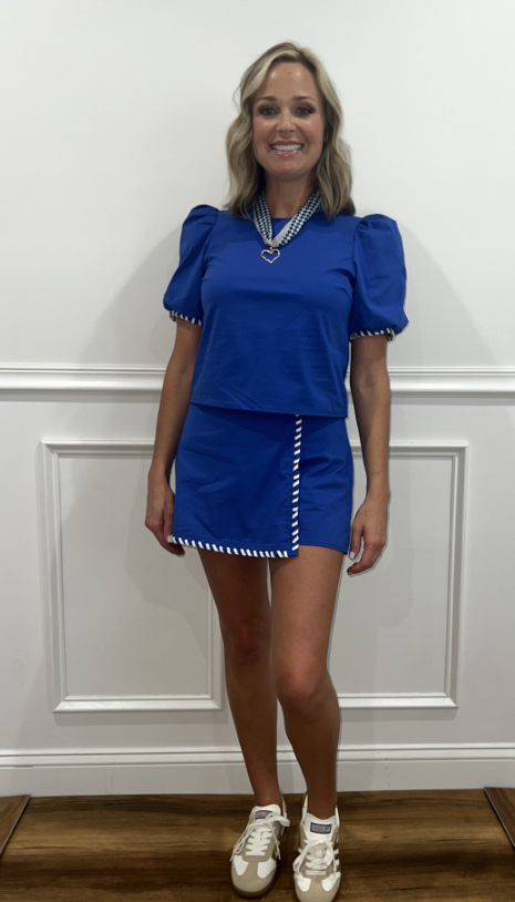 Whipstitch Trim Puff Sleeve Crop Top with Matching Skort