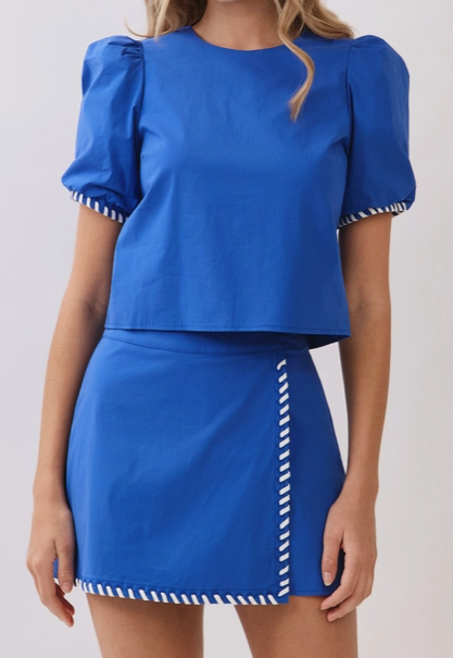 Whipstitch Trim Puff Sleeve Crop Top with Matching Skort