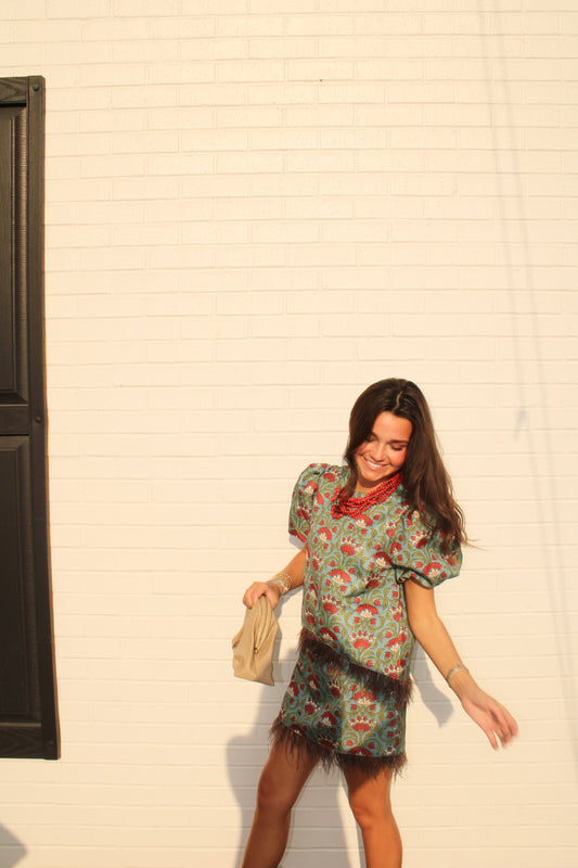 Floral Print Feather Trim Top with Matching Skirt
