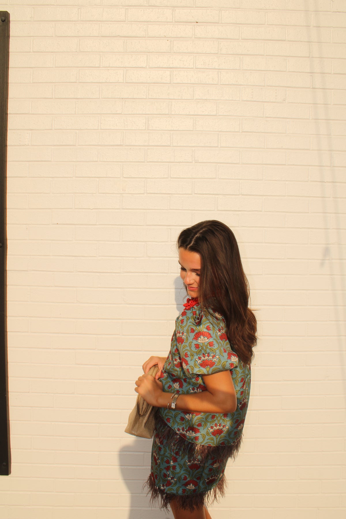 Floral Print Feather Trim Top with Matching Skirt