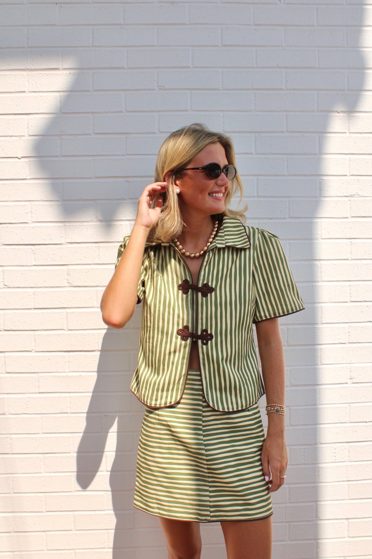 Striped Collared Top paired with Striped A-Line Mini Skirt