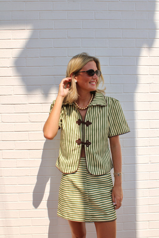Striped Collared Top paired with Striped A-Line Mini Skirt