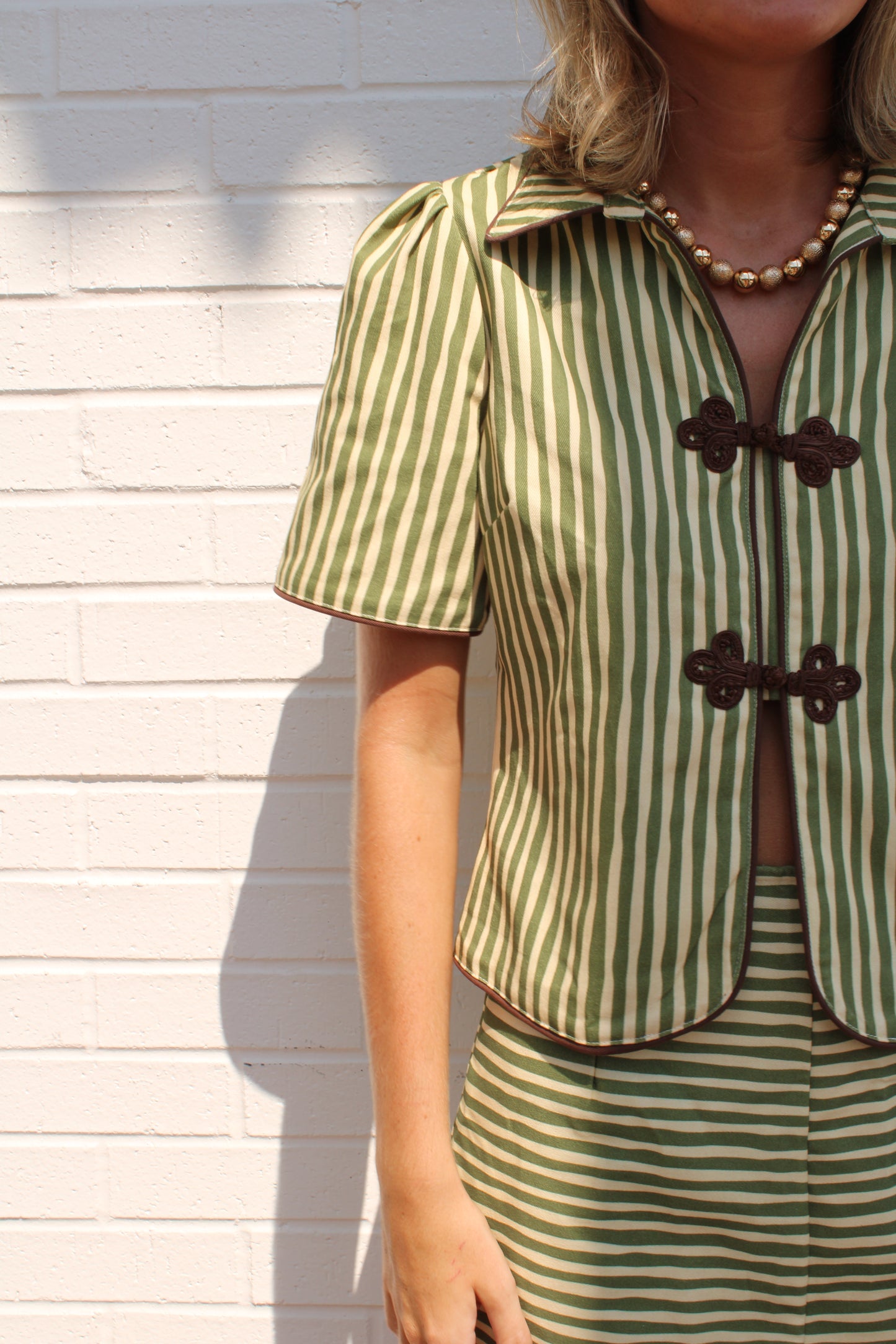 Striped Collared Top paired with Striped A-Line Mini Skirt