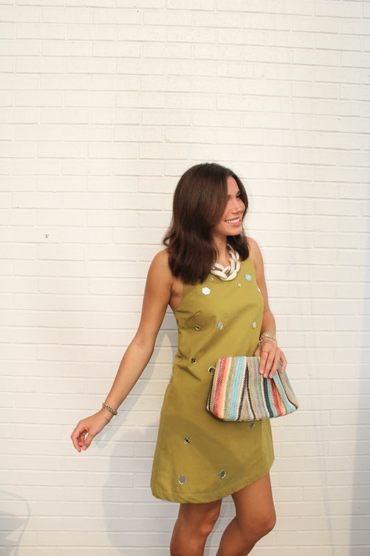 Mirror Embellished A-Line Mini Dress