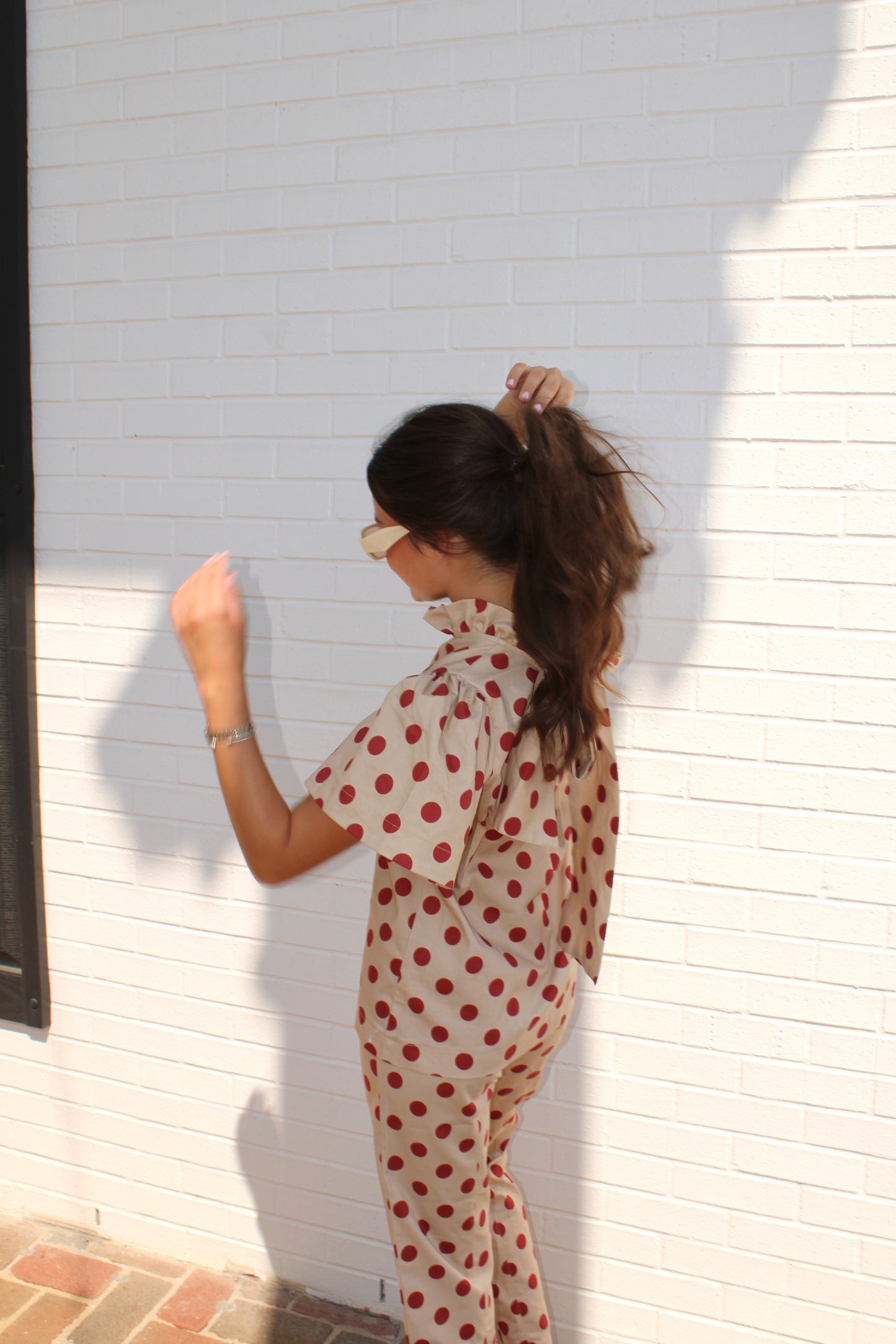 Polka Dot Ruffle Top paired with High Waist Polka Dot Stretch Flare Crop Pants
