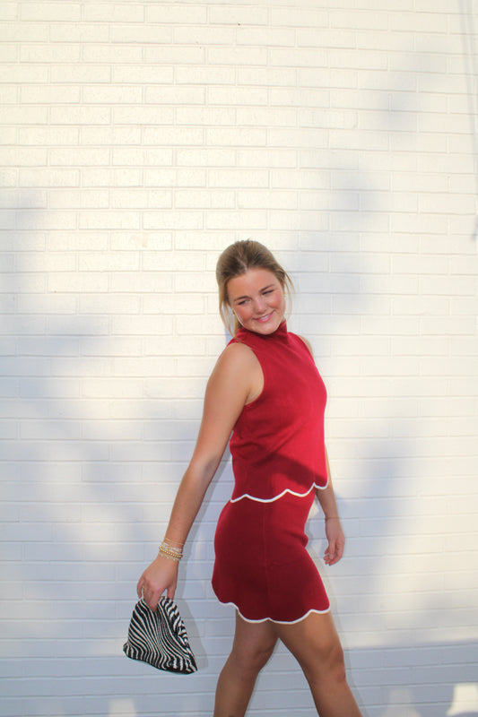 Scallop Hem Mock Neck Knit Top Paired with Scallop Hem Knit Mini Skirt