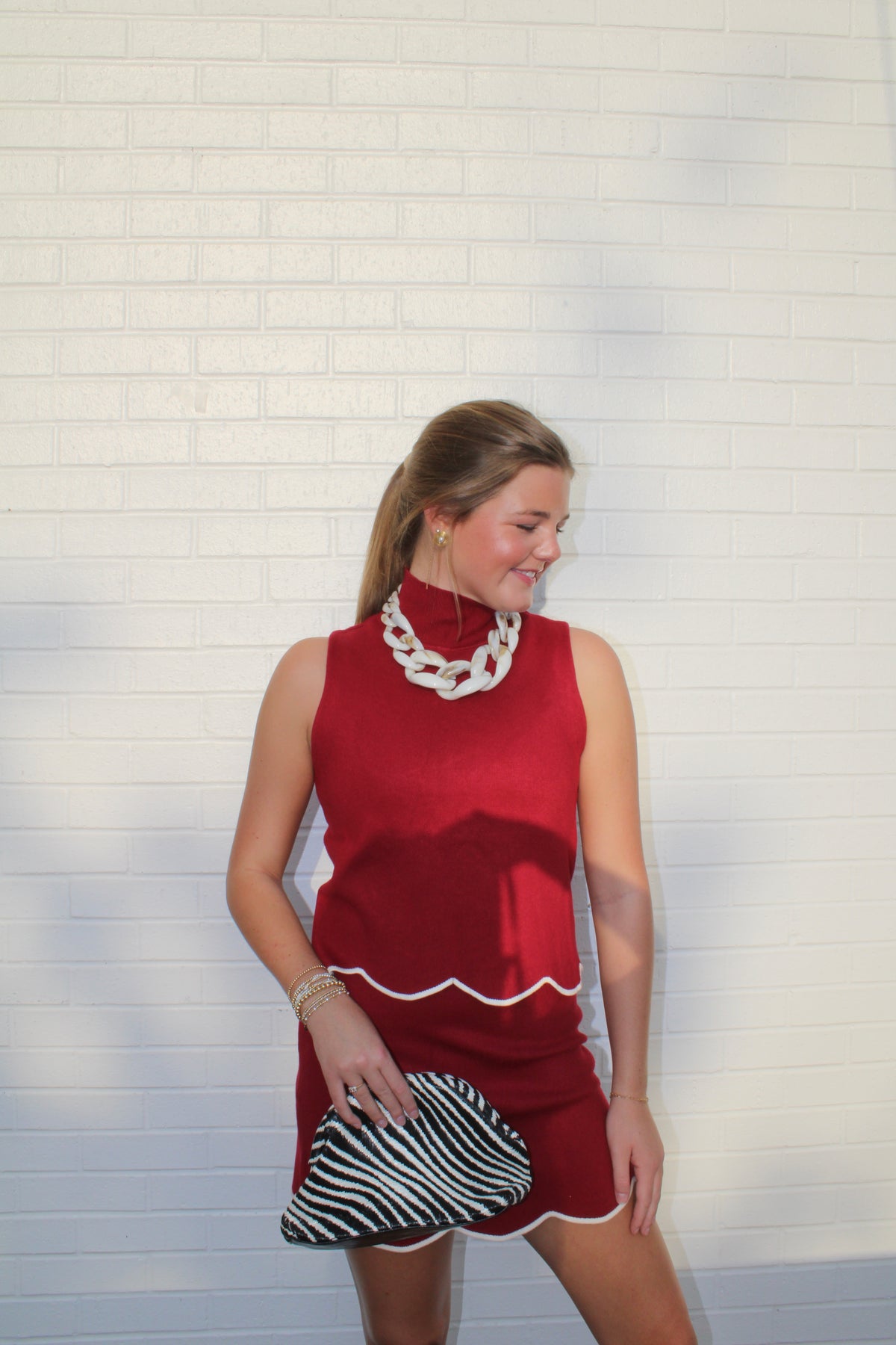 Scallop Hem Mock Neck Knit Top Paired with Scallop Hem Knit Mini Skirt