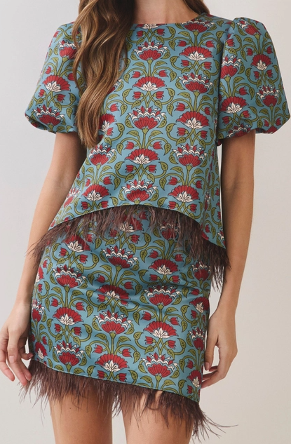Floral Print Feather Trim Top with Matching Skirt