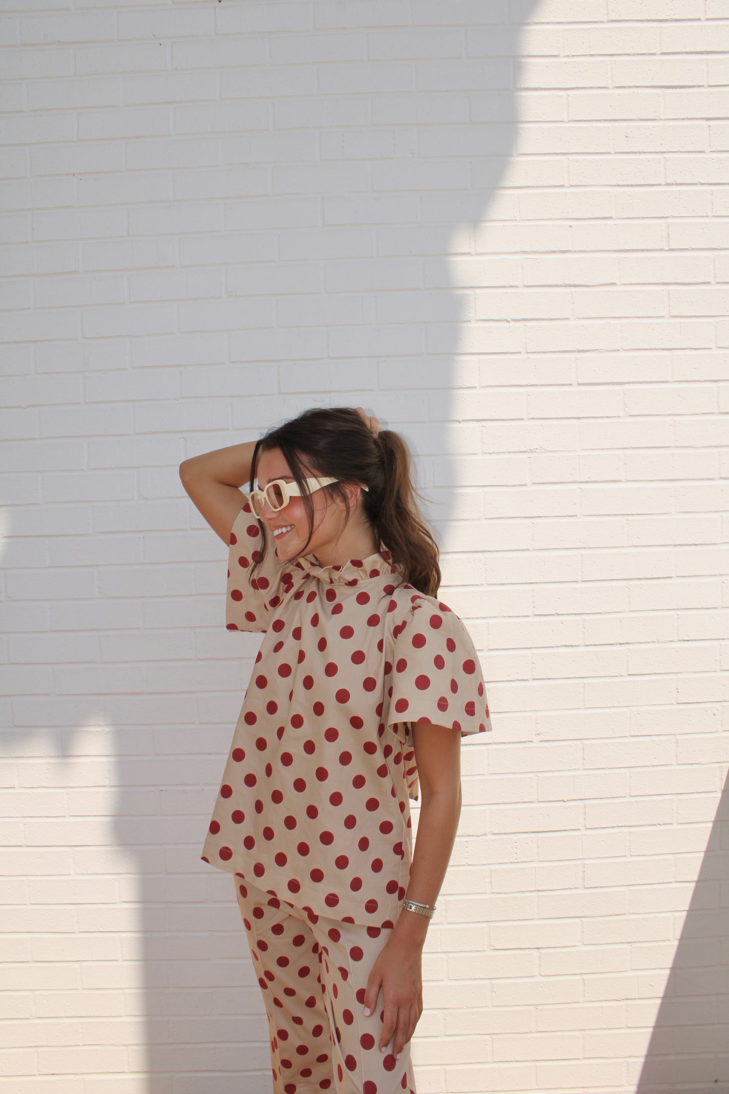 Polka Dot Ruffle Top paired with High Waist Polka Dot Stretch Flare Crop Pants