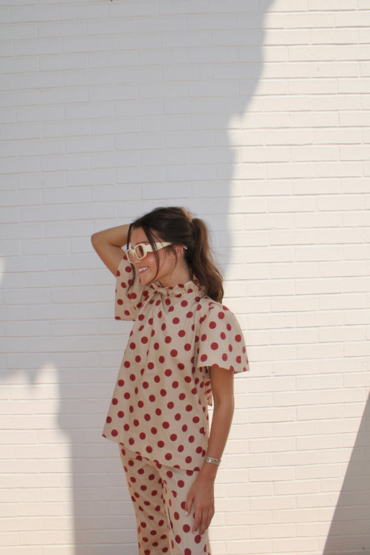 Polka Dot Ruffle Top paired with High Waist Polka Dot Stretch Flare Crop Pants