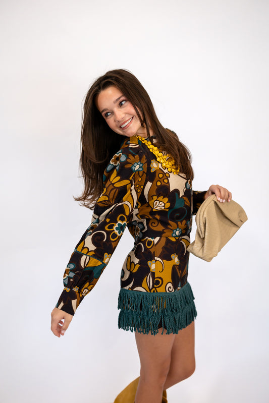 Floral Print Mock Neck Top paired with Floral Print Fringe Detail Mini Skirt