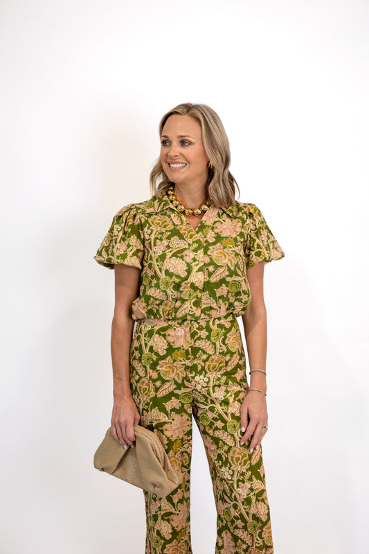 Floral Print Puff Sleeve Crop Shirt paired with Floral Print Wide Leg Long Pants