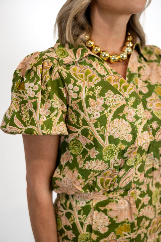 Floral Print Puff Sleeve Crop Shirt paired with Floral Print Wide Leg Long Pants