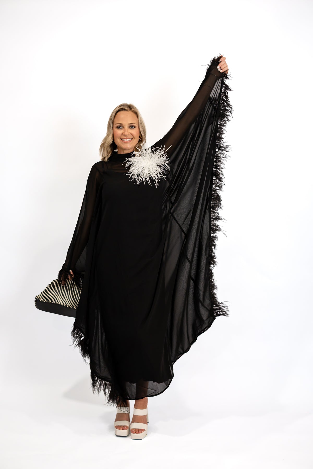 Feather Trim Cape Maxi Dress