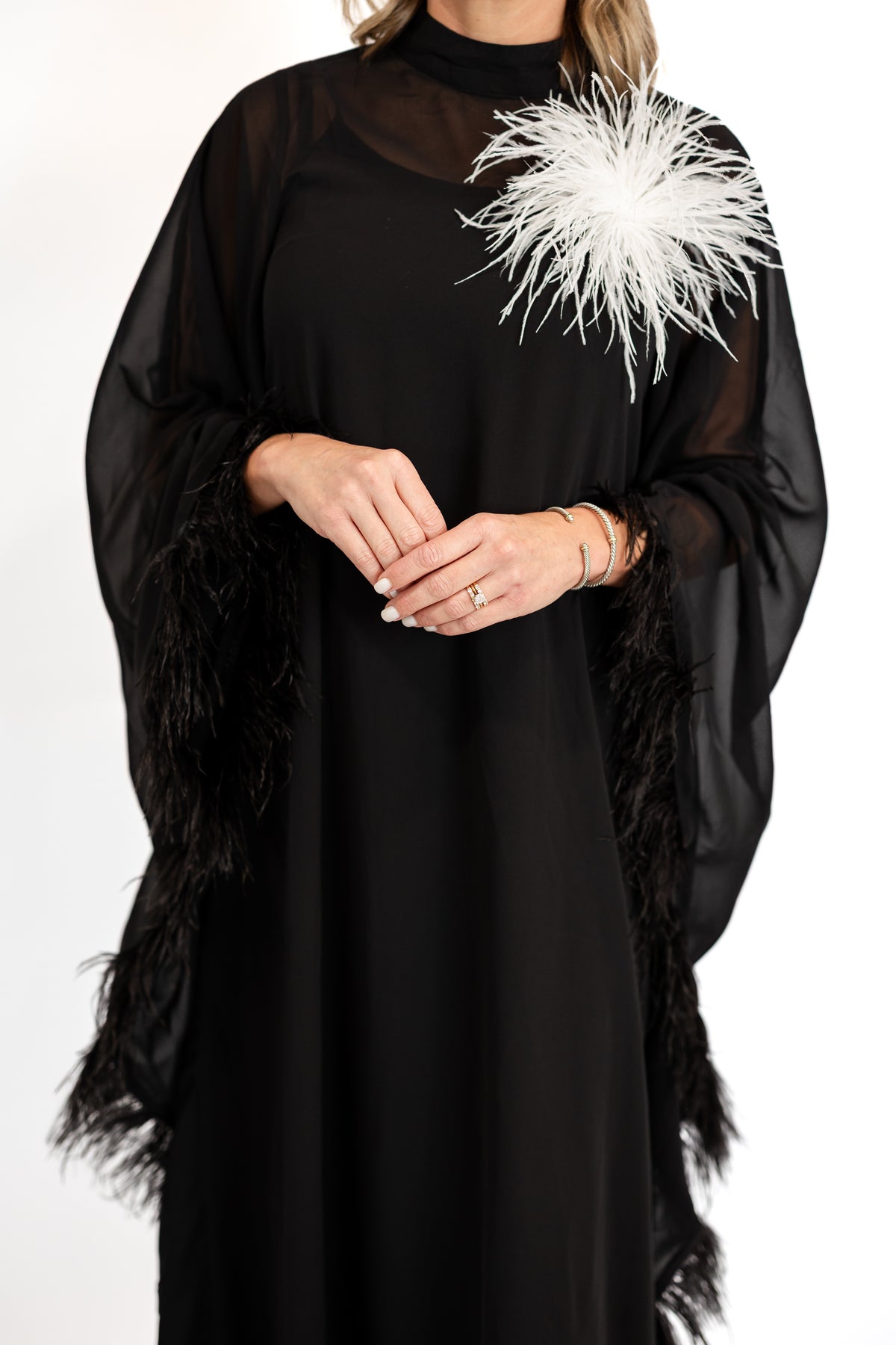 Feather Trim Cape Maxi Dress