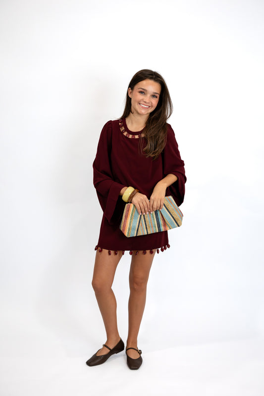 Beaded Embellishment Neck Bell Sleeve Top paired with Beaded Hem A-Line Mini Skirt