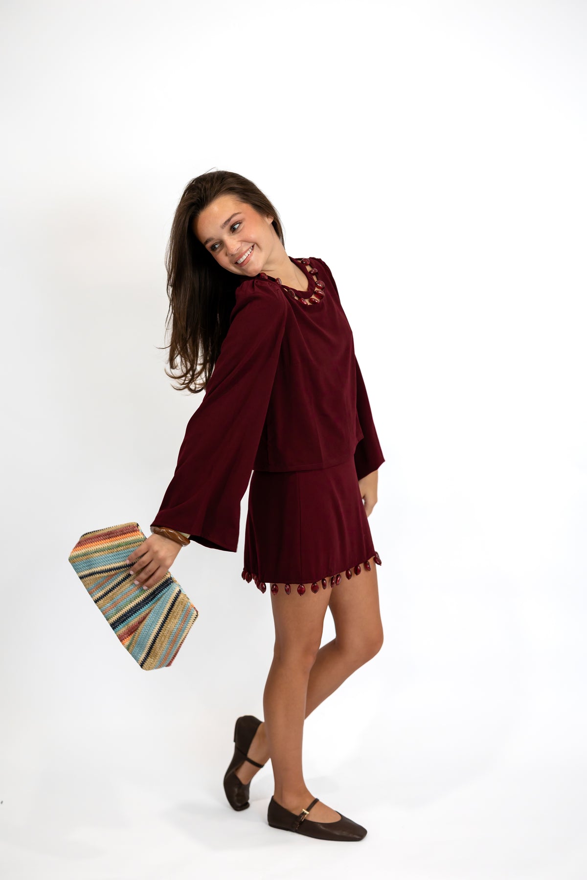 Beaded Embellishment Neck Bell Sleeve Top paired with Beaded Hem A-Line Mini Skirt