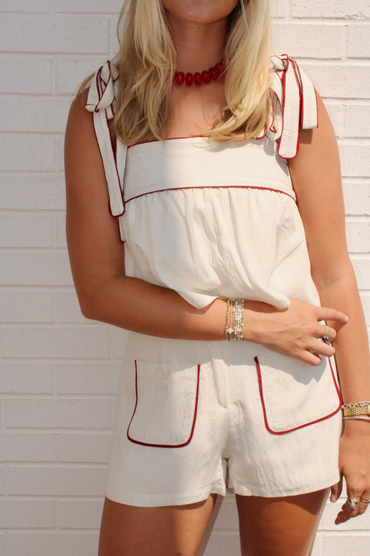 Ivory Short Set with Wine Trim